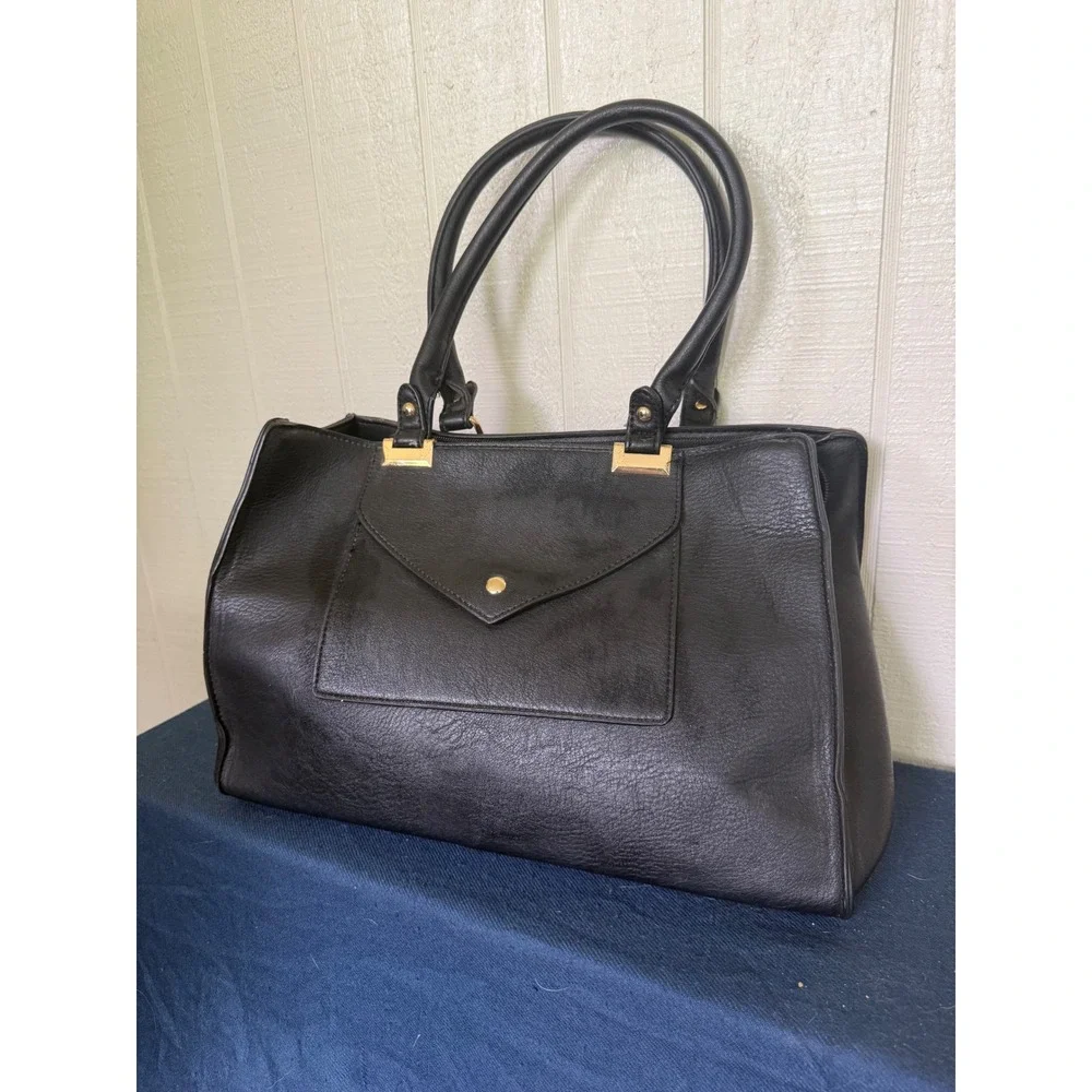 Black Faux Leather Satchel Handbag Gold Hardware Chevron Lining Front Pocket - Picture 2 of 5